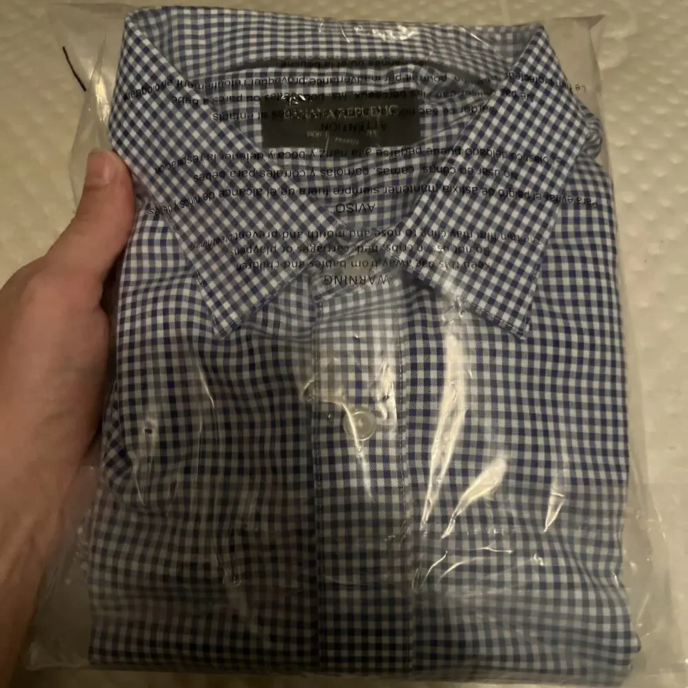 Banana Republic Non-Iron Slim Fit Blue White Gingham Check Dress Shirt Mens L